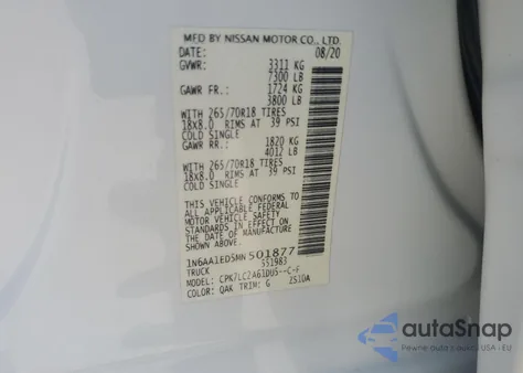 2021 Nissan Titan Sv z USA, uszkodzony, nr VIN 1N6AA1ED5MN501877